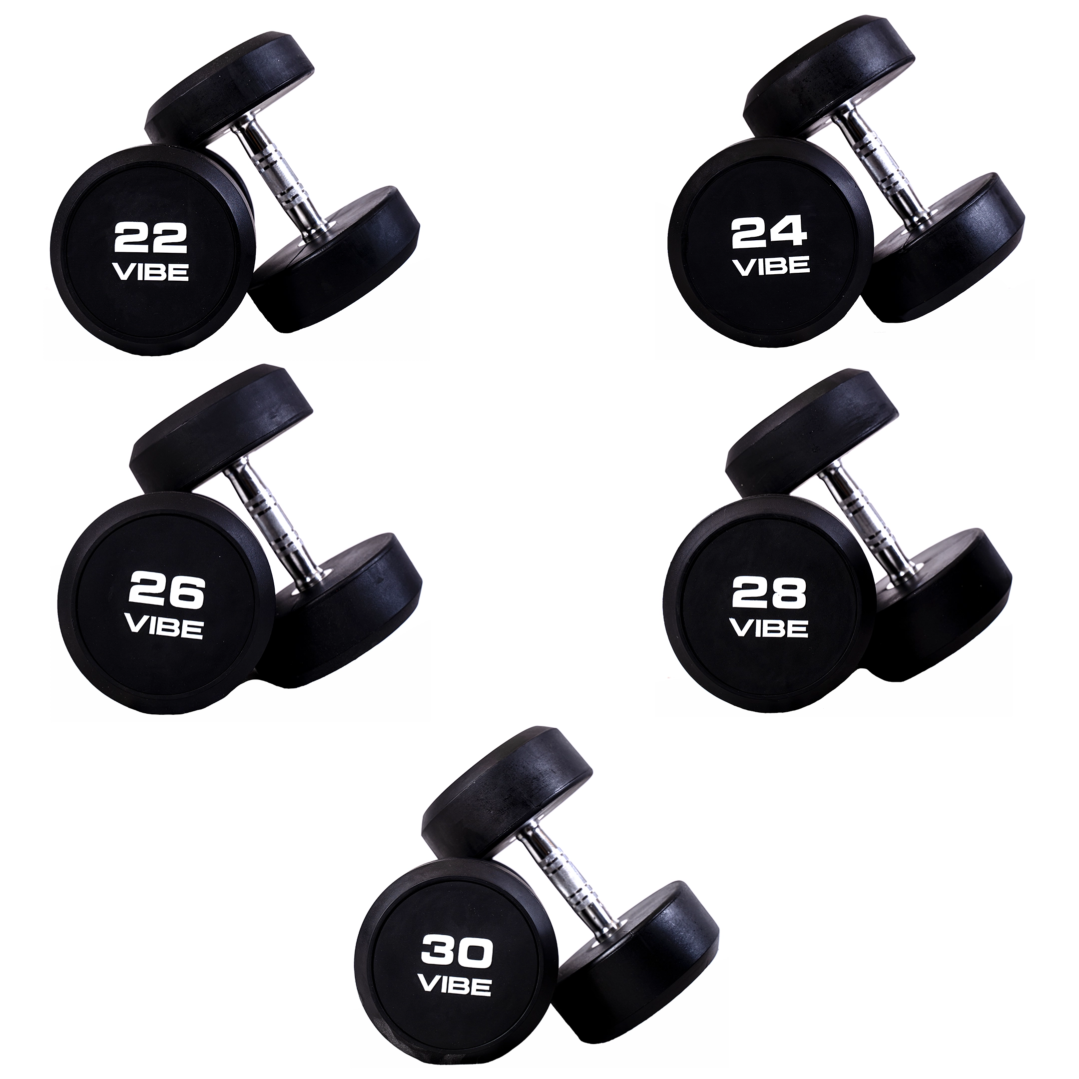 Round Rubber Dumbbells Set, 22 – 30 Kg (Pairs)